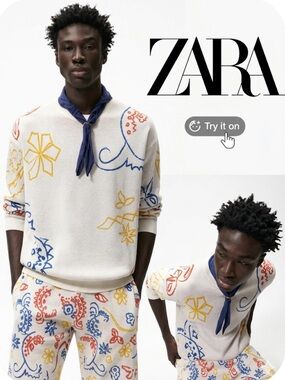 Zara Embroidered Jacquard Knit Sweater Men's Medium Cream Abstract Doodle: M